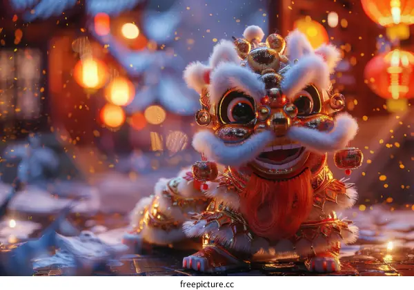 Golden Lion Dance Performance During Snowy Chinese New Year Celebration