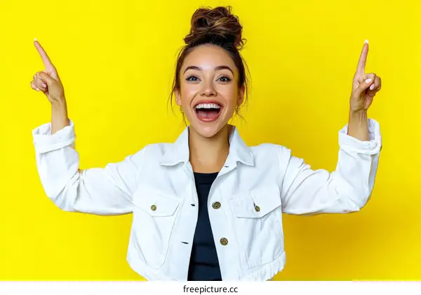 Excited Woman Pointing Upward Against a Bright Yellow Background