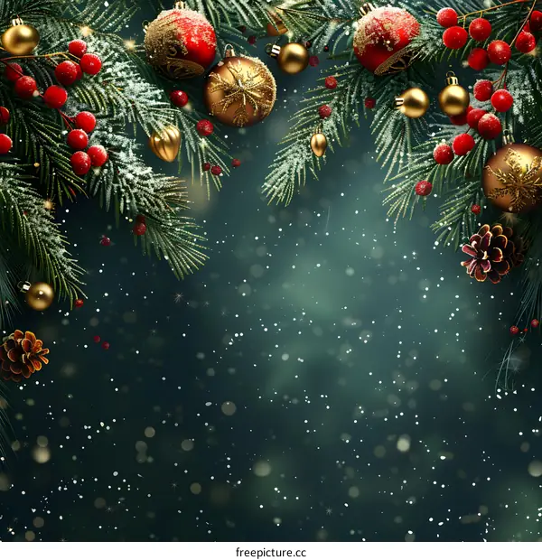 Christmas and New Year background with fir branches and red and gold decorations.