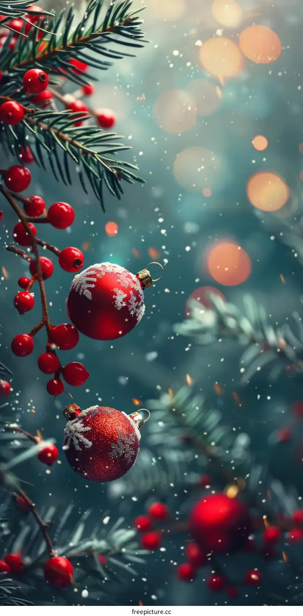 Christmas Ornaments on Snowy Tree Branch with Blurred Background