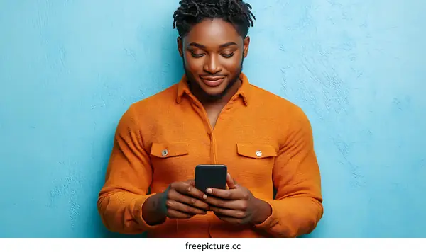 Man using a smartphone against a solid background