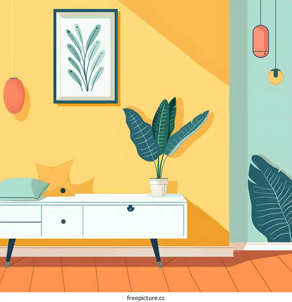 Modern Interior Design Illustration with Yellow Wall and Green Plants