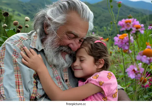 Grandfather and Granddaughter Embrace in a Field of Flowers