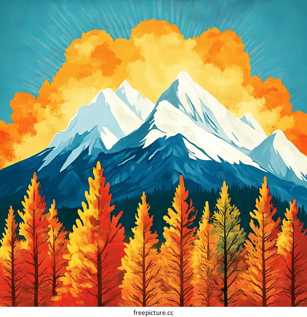 Autumn Forest Landscape with Snowy Mountains and a Cloud Burst