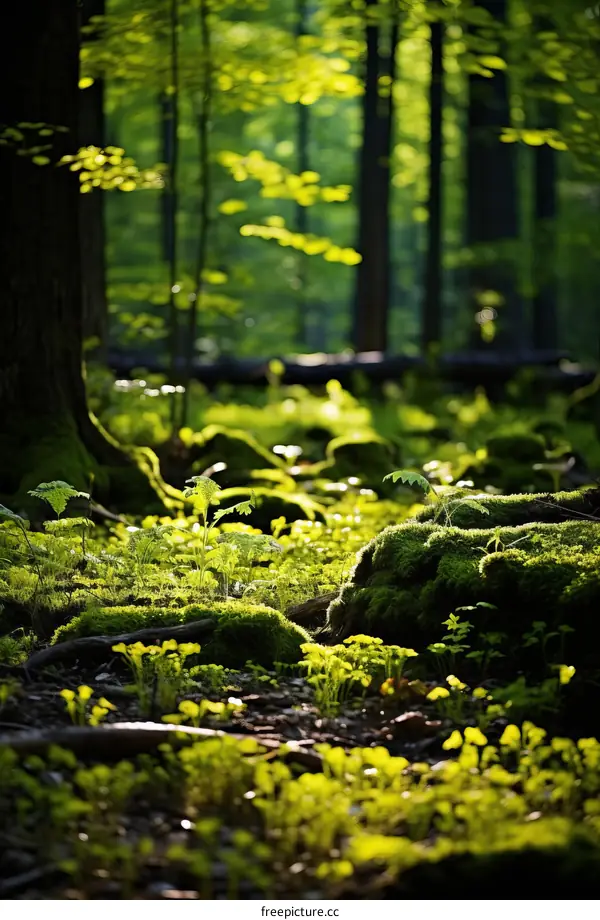 Lush Green Moss and Ferns on the Forest Floor with a Beautiful Bokeh Background