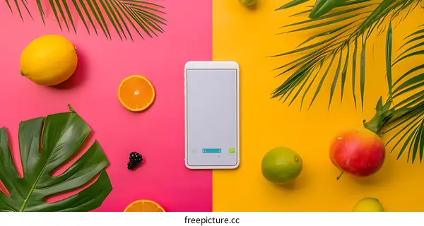 Summer Tropical Fruit and Phone Flat Lay