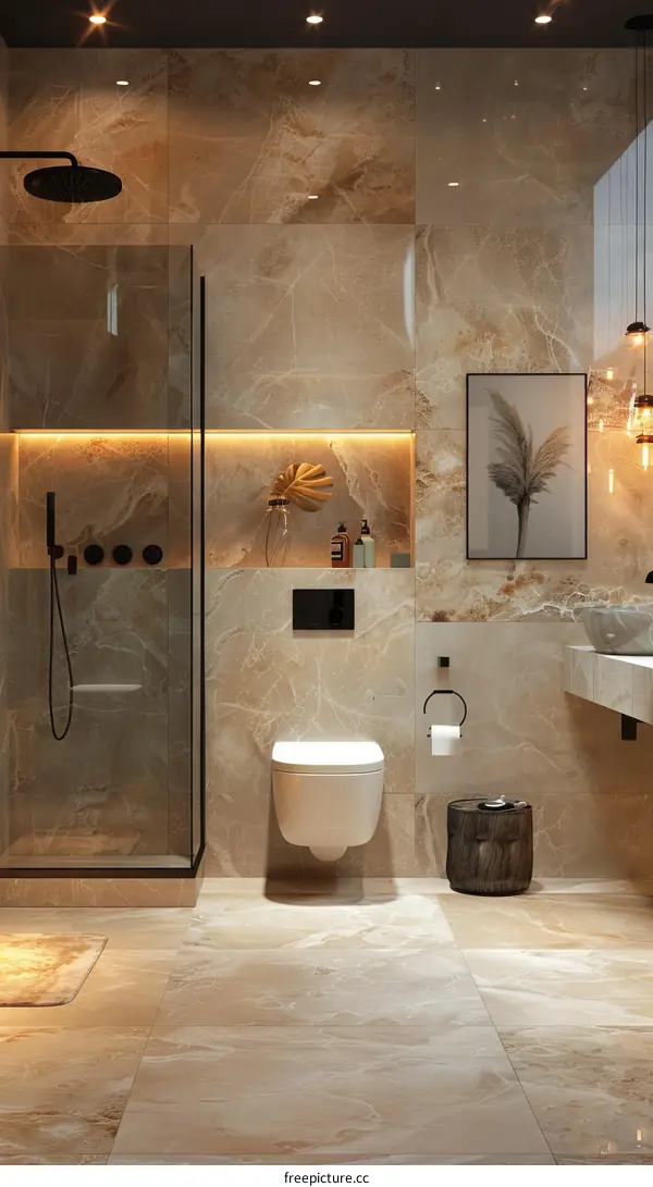Modern Luxury Bathroom Design with Marble-Look Tiles