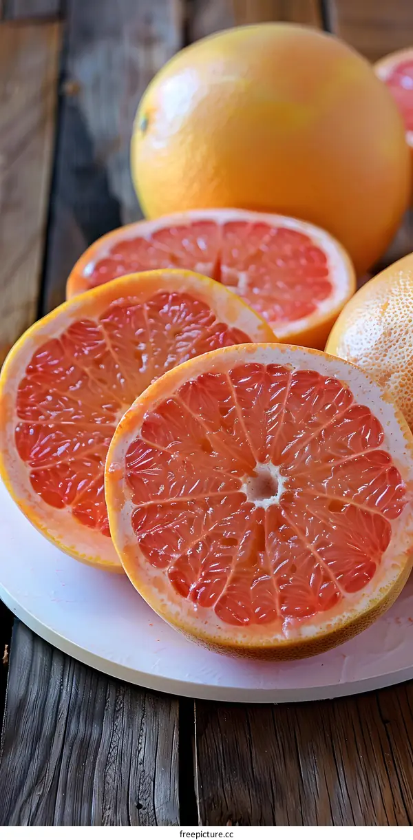 Freshly Cut Pink Grapefruit on White Plate and Wooden Background