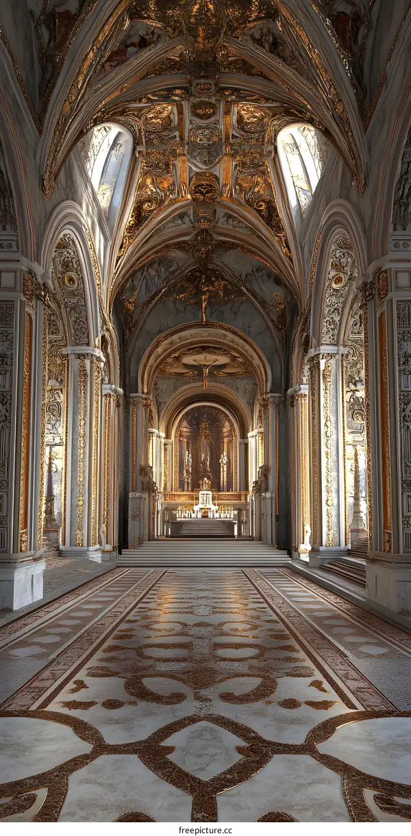 Interior View of a Golden and Ornate Cathedral Hall