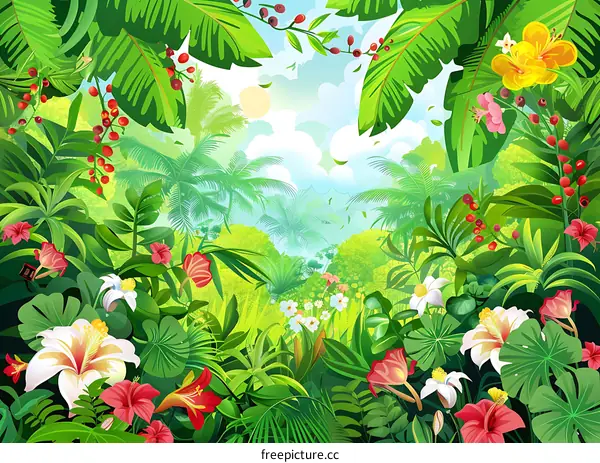 Tropical Jungle Illustration with Lush Foliage and Colorful Flowers