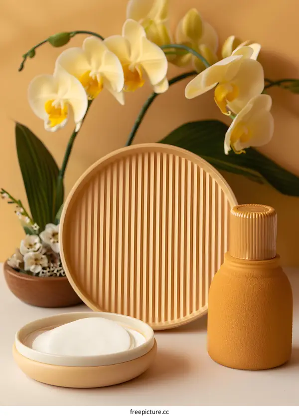 Yellow Orchid Minimalist Still Life With Beauty Products