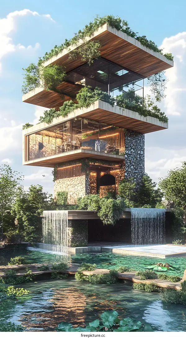 Modern Architecture Design with Waterfall and Green Plants