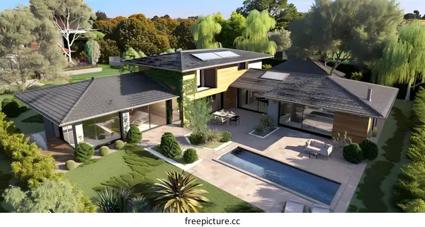 Modern House with Swimming Pool and Lush Landscaping