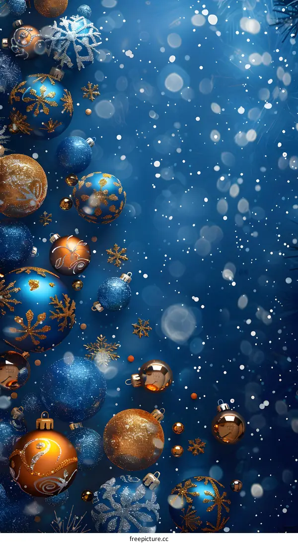 Christmas ornaments on blue background with snowflakes