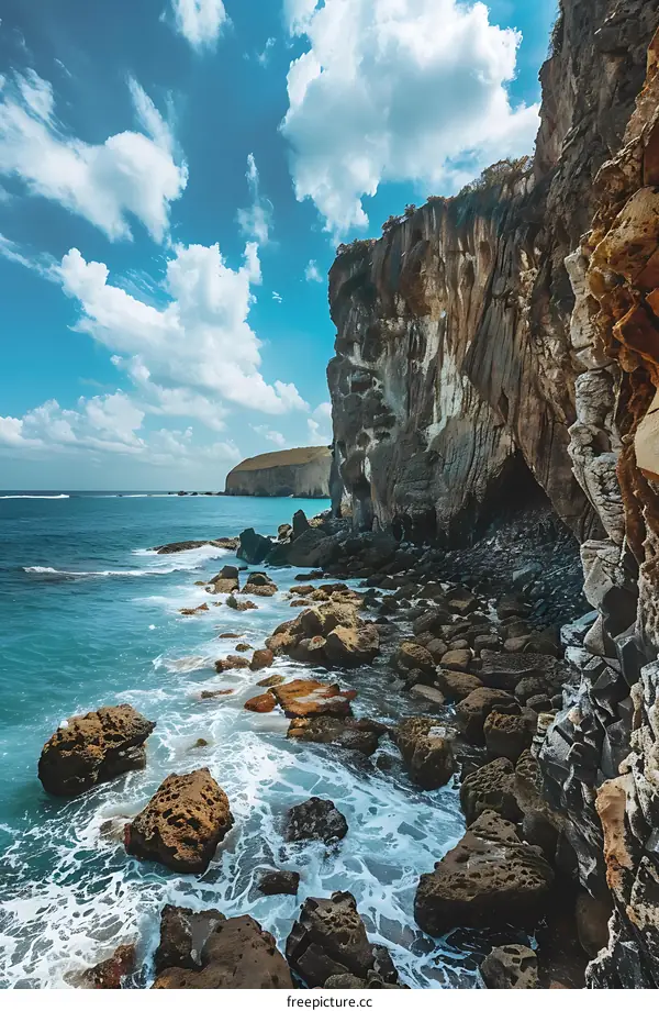 Coastal Cliff with Blue Sky and White Clouds