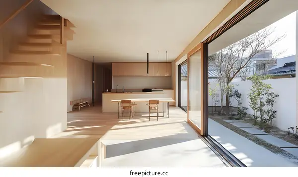 Modern Minimalist Japanese Kitchen with Wooden Floor and Sliding Door