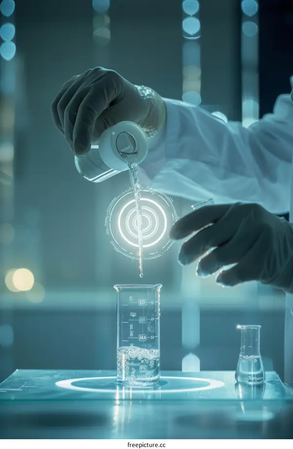 Scientist Conducting Experiment in Laboratory with Futuristic Graphic Overlay