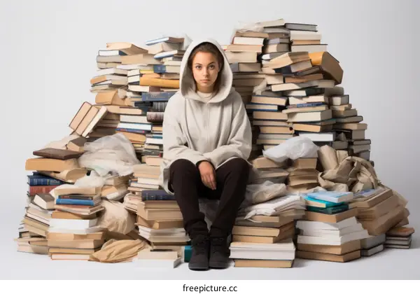 Young woman sitting on a large pile of books