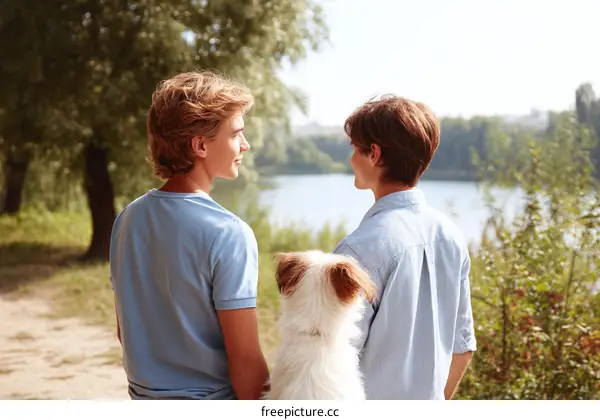 Two Young Adults Enjoying a Scenic Outdoor Moment with a Dog