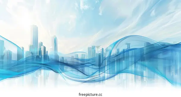 Blue and white wave on the background of the city