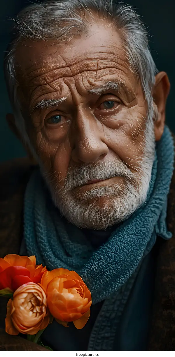 portrait of an old man with flowers