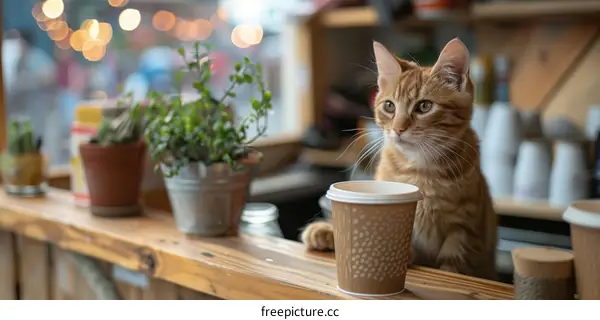 Ginger Cat on Counter in Coffee Shop with Plants
