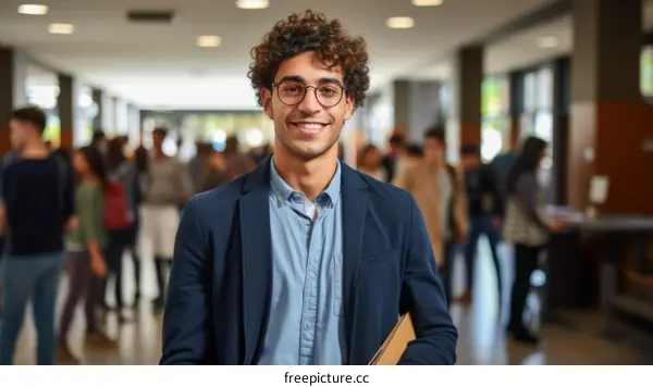 Portrait of a smiling young male college student with curly hair wearing glasses standing in a hallway at university