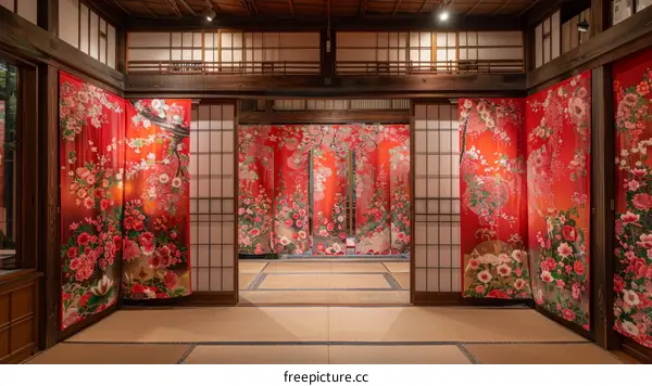 A traditional Japanese room with red and white patterned sliding doors.
