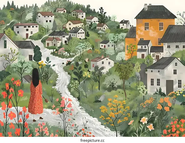 Woman in Red Dress Walking on a Path through a Village