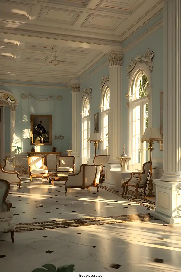 ornate living room with marble floor and big windows
