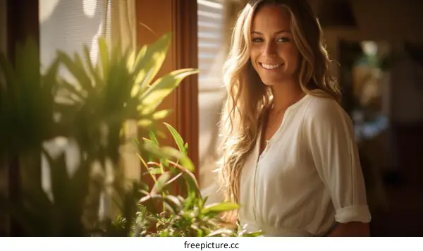 portrait of a smiling young woman standing by a window