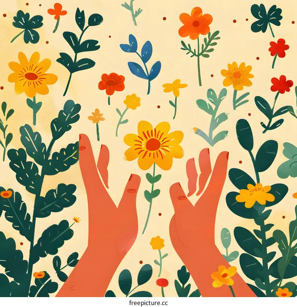 Two Hands Reaching Up to Flowers in a Garden