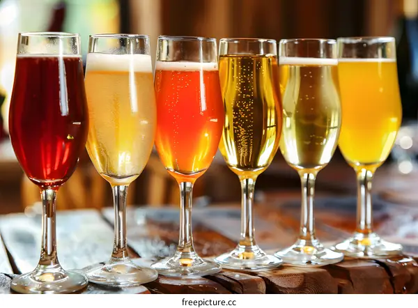 Six Different Types Of Alcoholic Beverages In Glasses On A Wooden Table