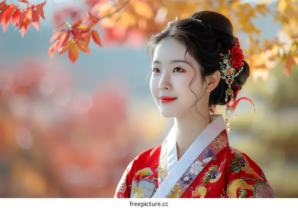 Portrait of a young woman in traditional Korean dress, or Hanbok, smiling in a field of red autumn leaves.