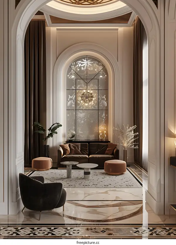 Luxury Living Room Interior Design with Archway and Ornate Mirror
