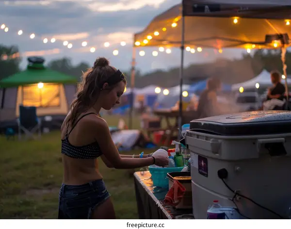 A woman washing dishes at a campsite with a tent in the background