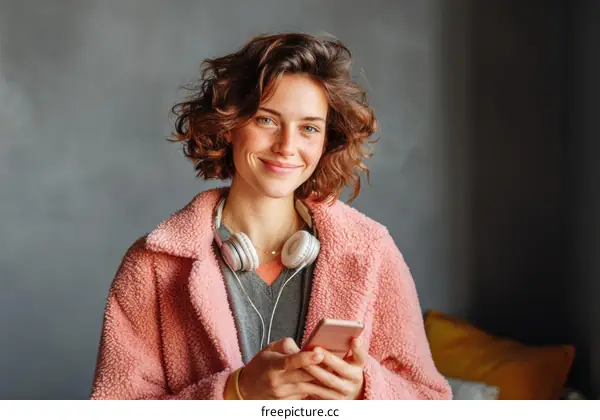 Smiling Woman Using Mobile Phone