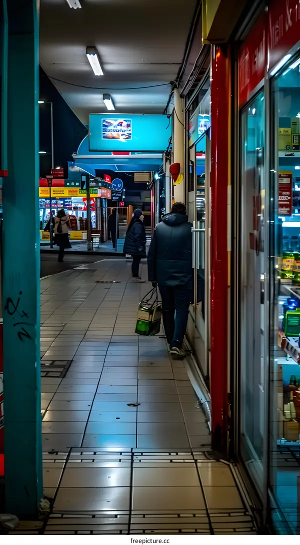 Night View of Narrow Sidewalk in Front of Shops in a City