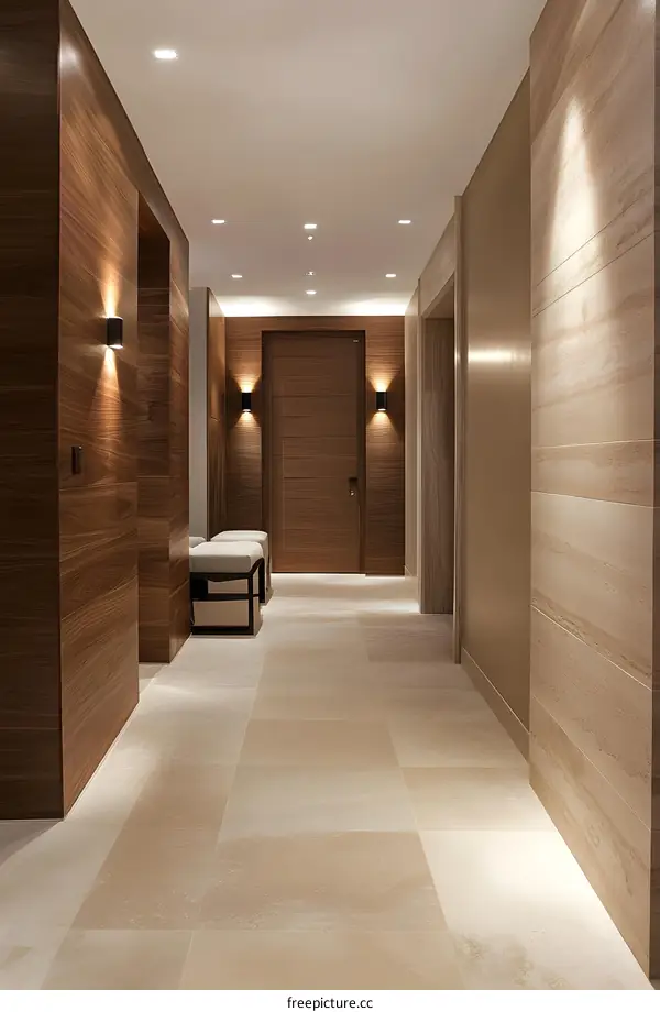 Modern Interior Design Hallway With Wooden Wall and Tile Floor