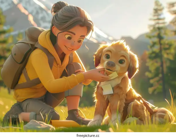 Girl with a dog in the mountains