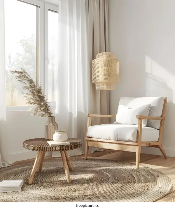 Minimalist Living Room Design with Wicker Armchair and Coffee Table