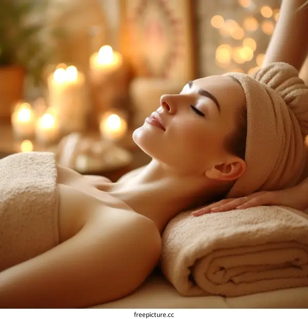 Relaxing caucasian woman getting a facial massage at a spa with candles in the background