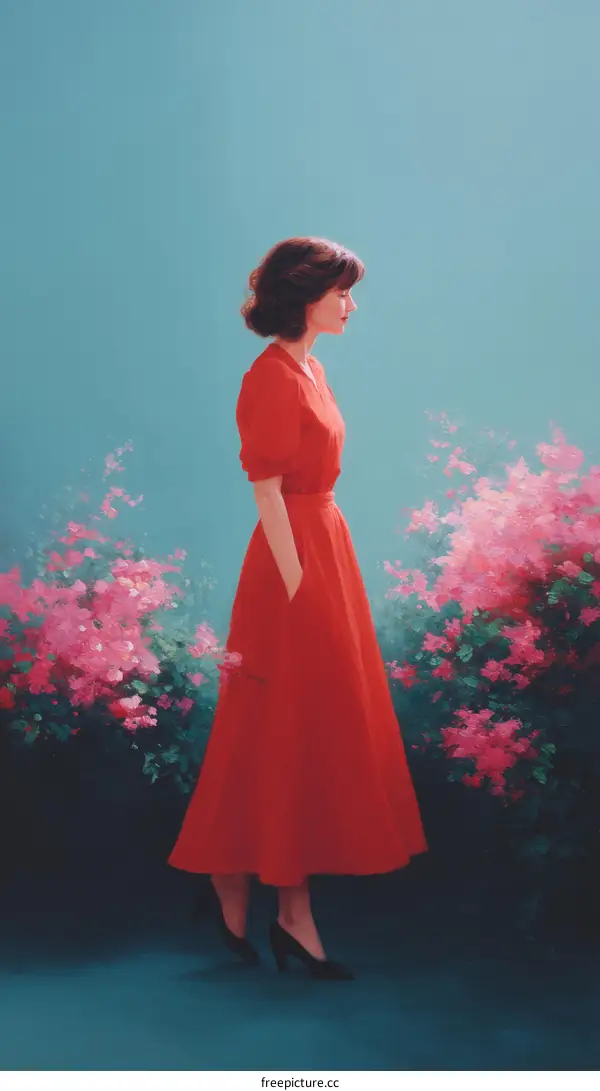 Elegant Woman in a Red Dress amidst Blooming Flowers