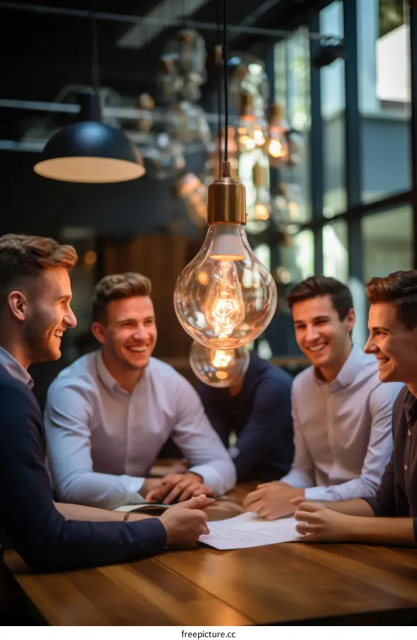 Four young businessmen discussing ideas in a modern office
