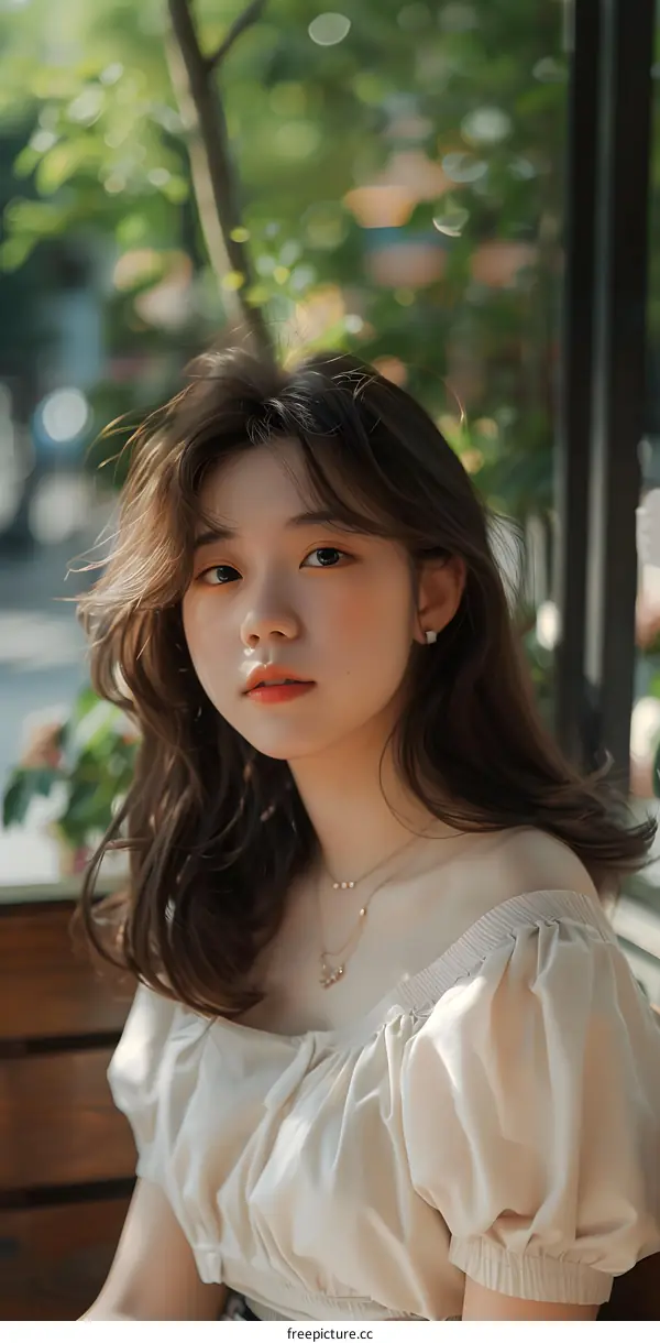 Asian Woman With Long Brown Hair In White Off Shoulder Top Looking At Camera