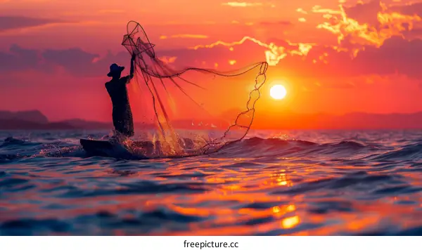 Fisherman silhouette at sunset with net