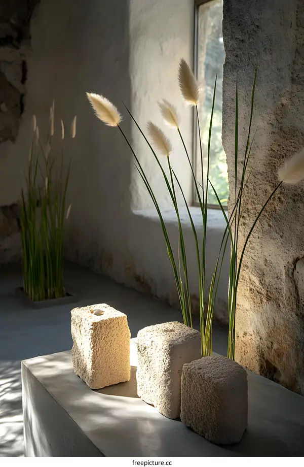 Stone Vases With Dried Grass Flowers