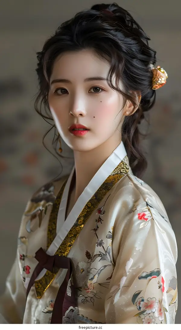 Portrait of a beautiful young woman in traditional Korean dress, or Hanbok
