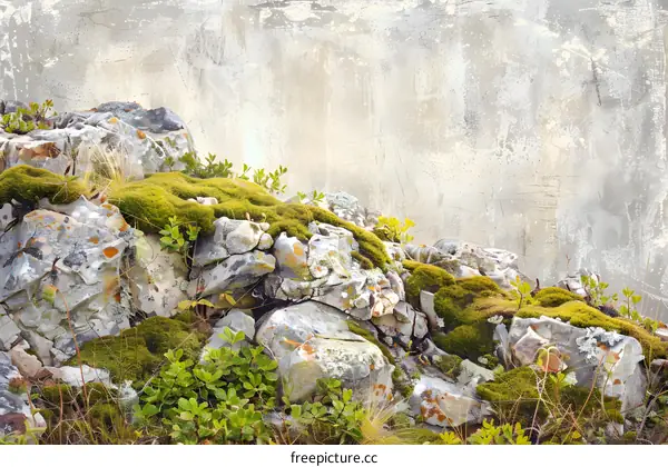 Green Mossy Rocks With Vintage Wall Background