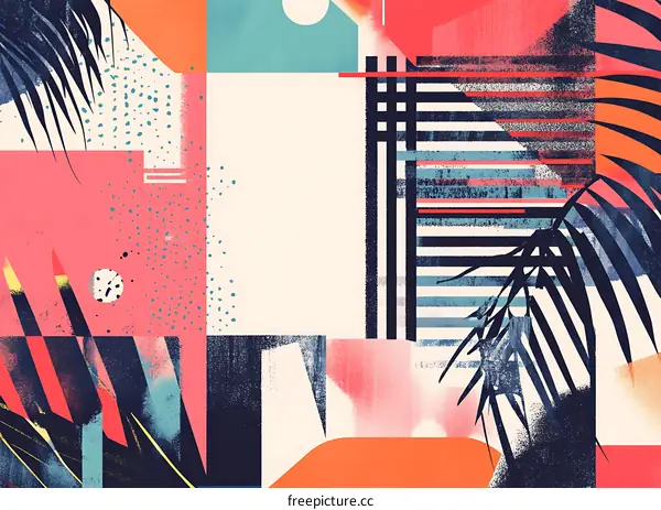 Abstract Geometric Pattern with Palm Leaves and Stripes in Bright Colors